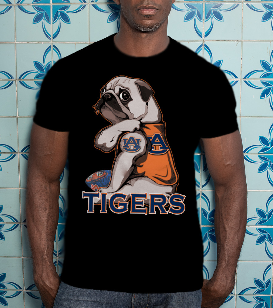 Pug Wearing Auburn Tigers Jersey With Football T-Shirt