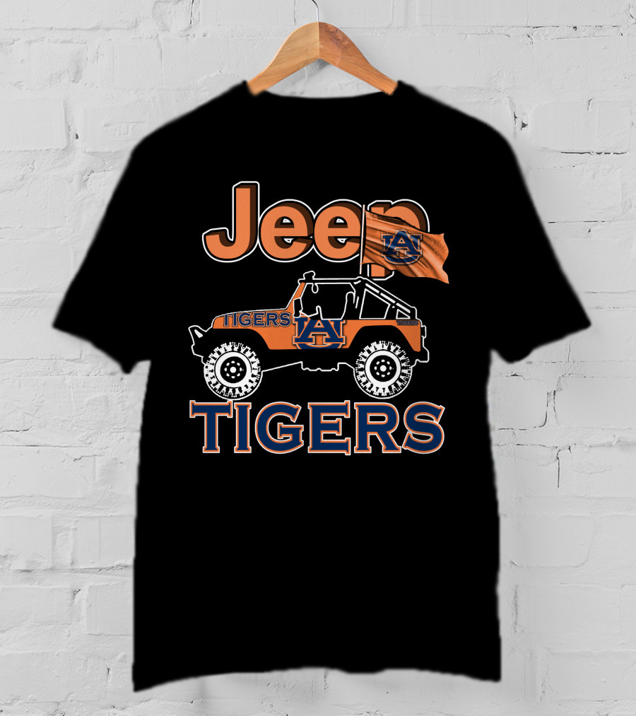 Jeep Auburn Tigers Logo With Orange Jeep And Flag T-Shirt