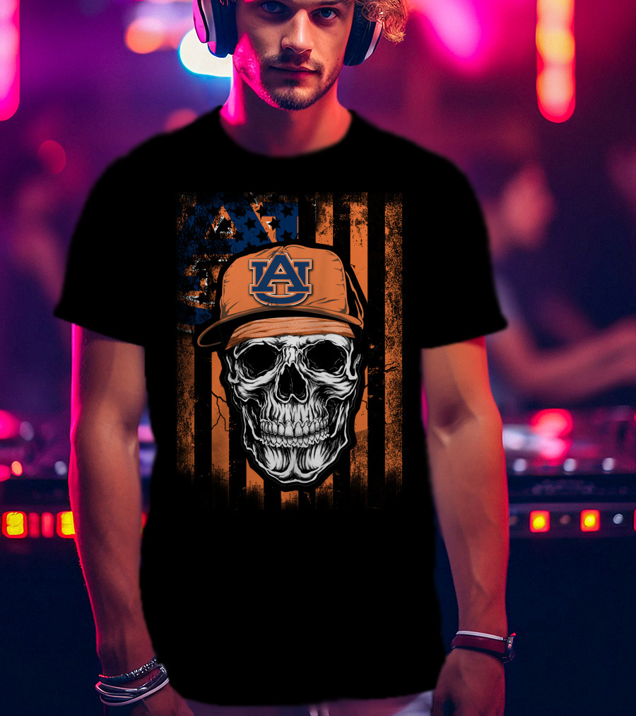 Auburn Tigers Skull With Cap On Orange T-Shirt