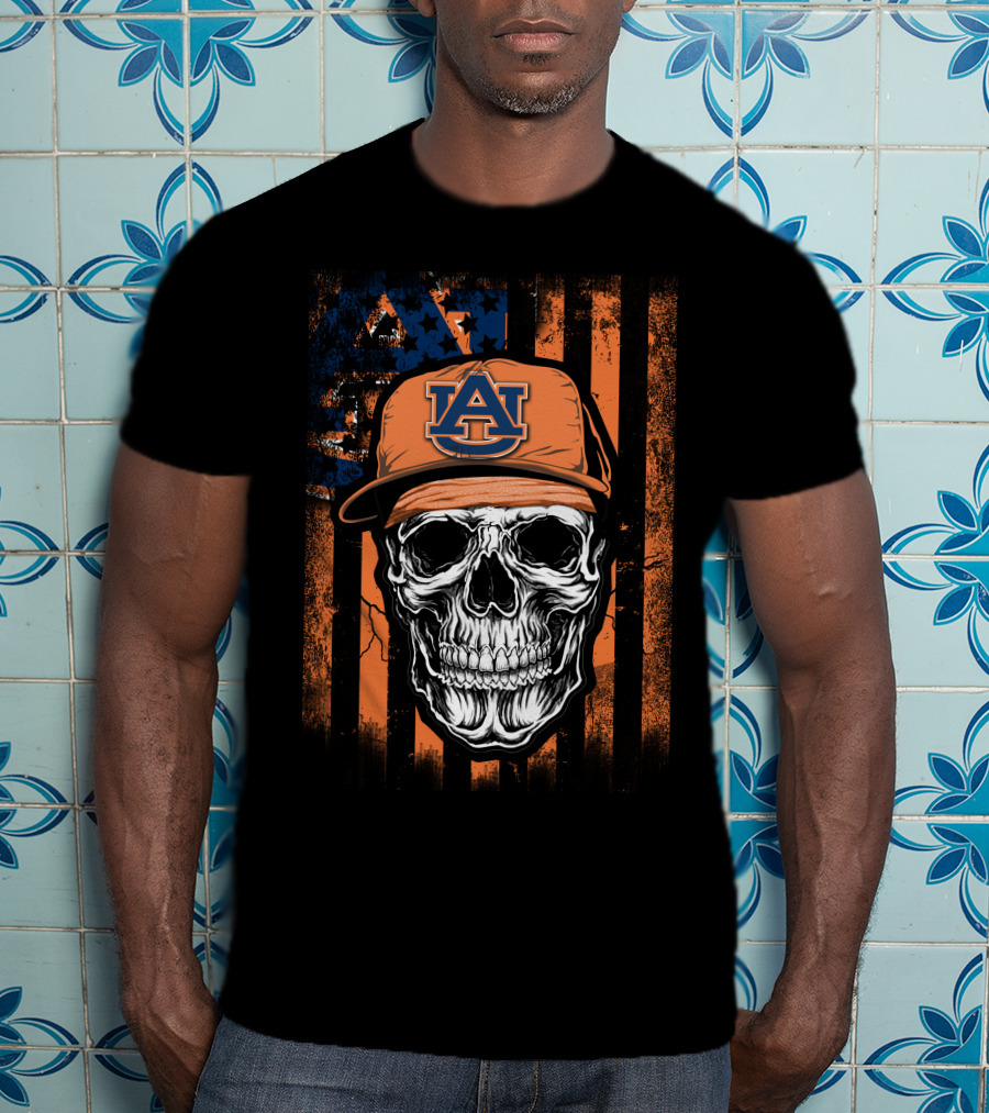 Auburn Tigers Skull With Cap On Orange T-Shirt