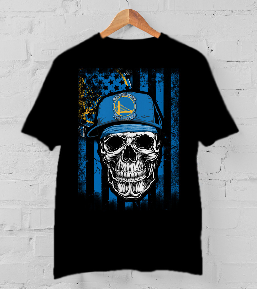 Golden State Warriors Skull With Hat On Striped Blue Background T-Shirt