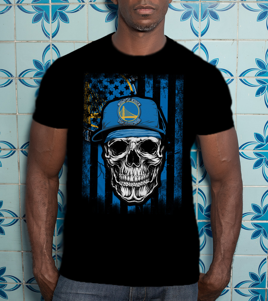 Golden State Warriors Skull With Hat On Striped Blue Background T-Shirt