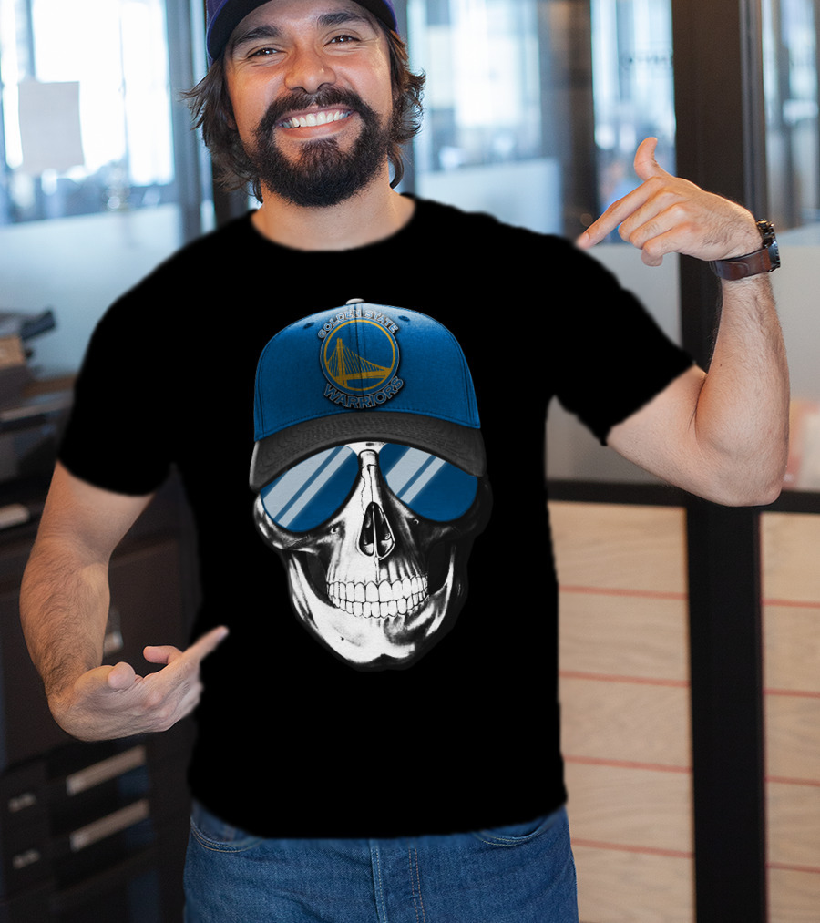 Golden State Warriors Skull With Blue Cap And Sunglasses T-Shirt