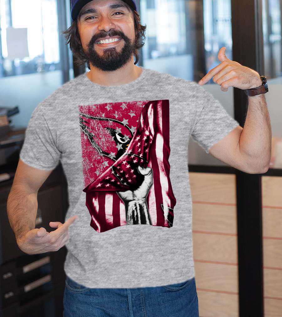 Arizona Cardinals Hand Holding American Flag With Cardinal Logo Stars T-Shirt