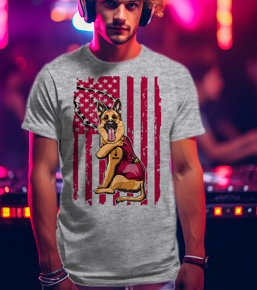 German Shepherd Wearing Arizona Cardinals Jersey With American Flag Background T-Shirt