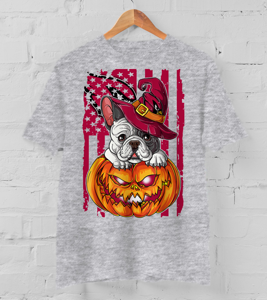 Hlw Bulldog Witch Hat Pumpkin Stars Stripes T-Shirt