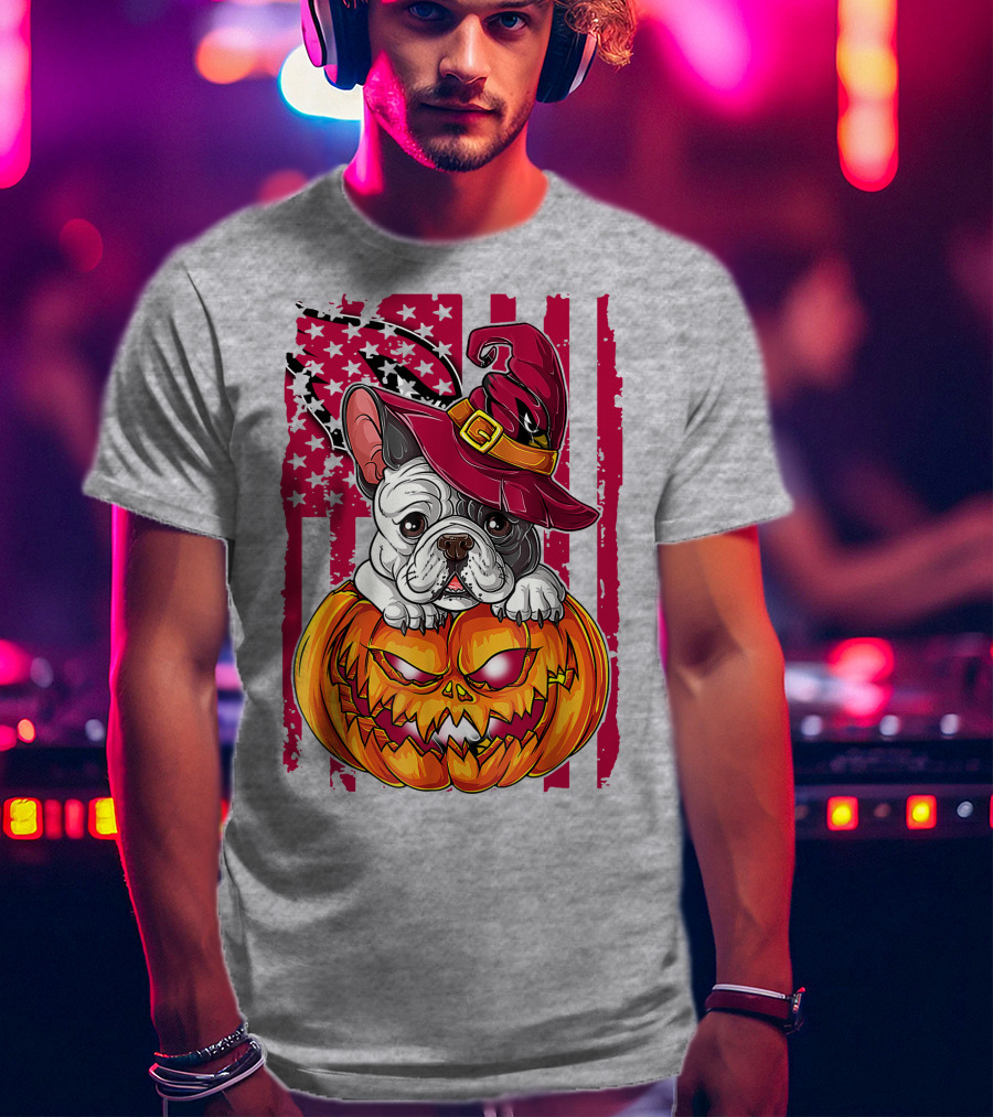 Hlw Bulldog Witch Hat Pumpkin Stars Stripes T-Shirt