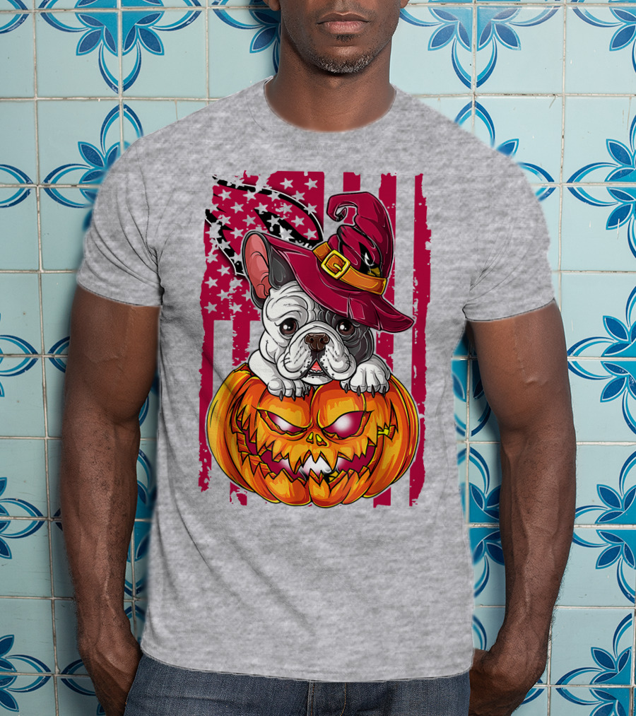 Hlw Bulldog Witch Hat Pumpkin Stars Stripes T-Shirt