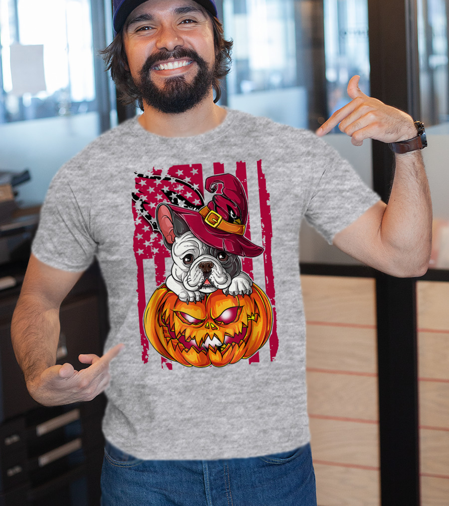 Hlw Bulldog Witch Hat Pumpkin Stars Stripes T-Shirt