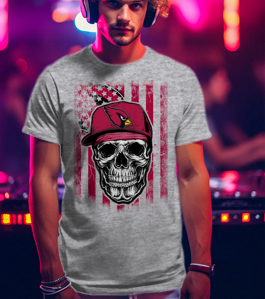 Skull V1 Arizona Cardinals Red Cap American Flag T-Shirt