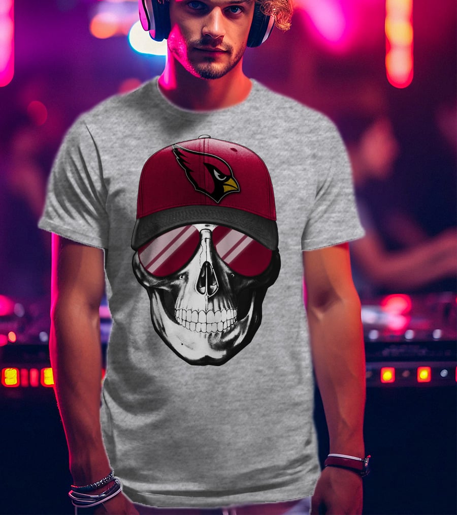 Skull V7 Arizona Cardinals Logo Hat And Sunglasses T-Shirt