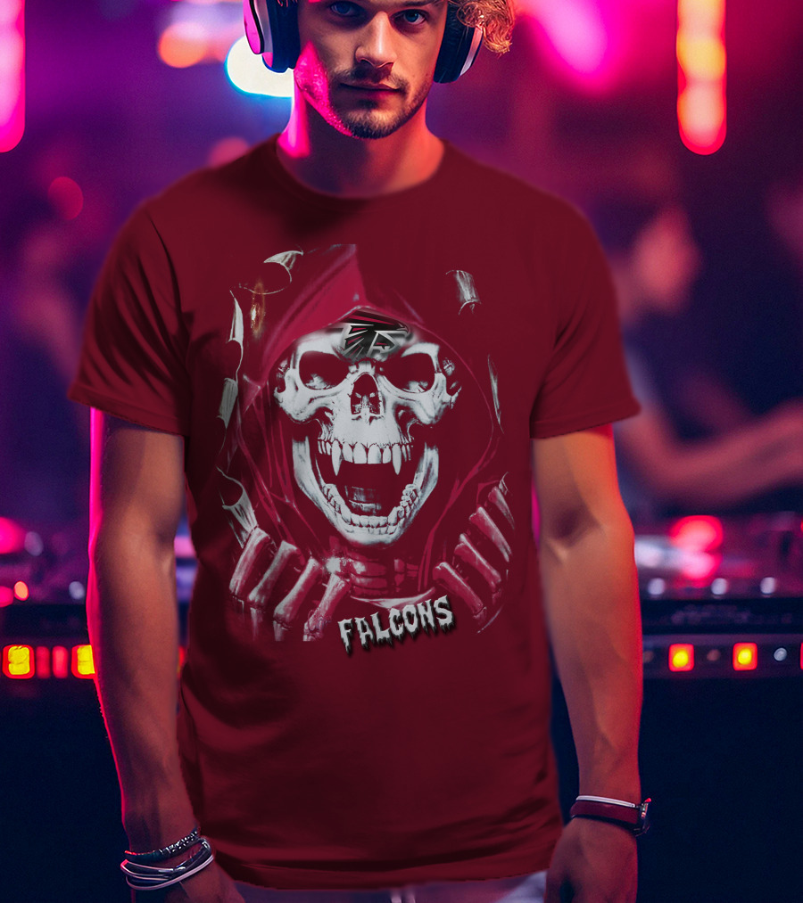 Atlanta Falcons Skull In Red Hood With Logo Elements T-Shirt
