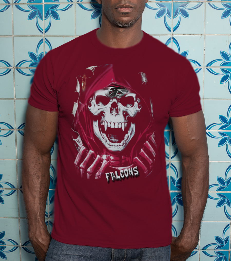 Atlanta Falcons Skull In Red Hood With Logo Elements T-Shirt