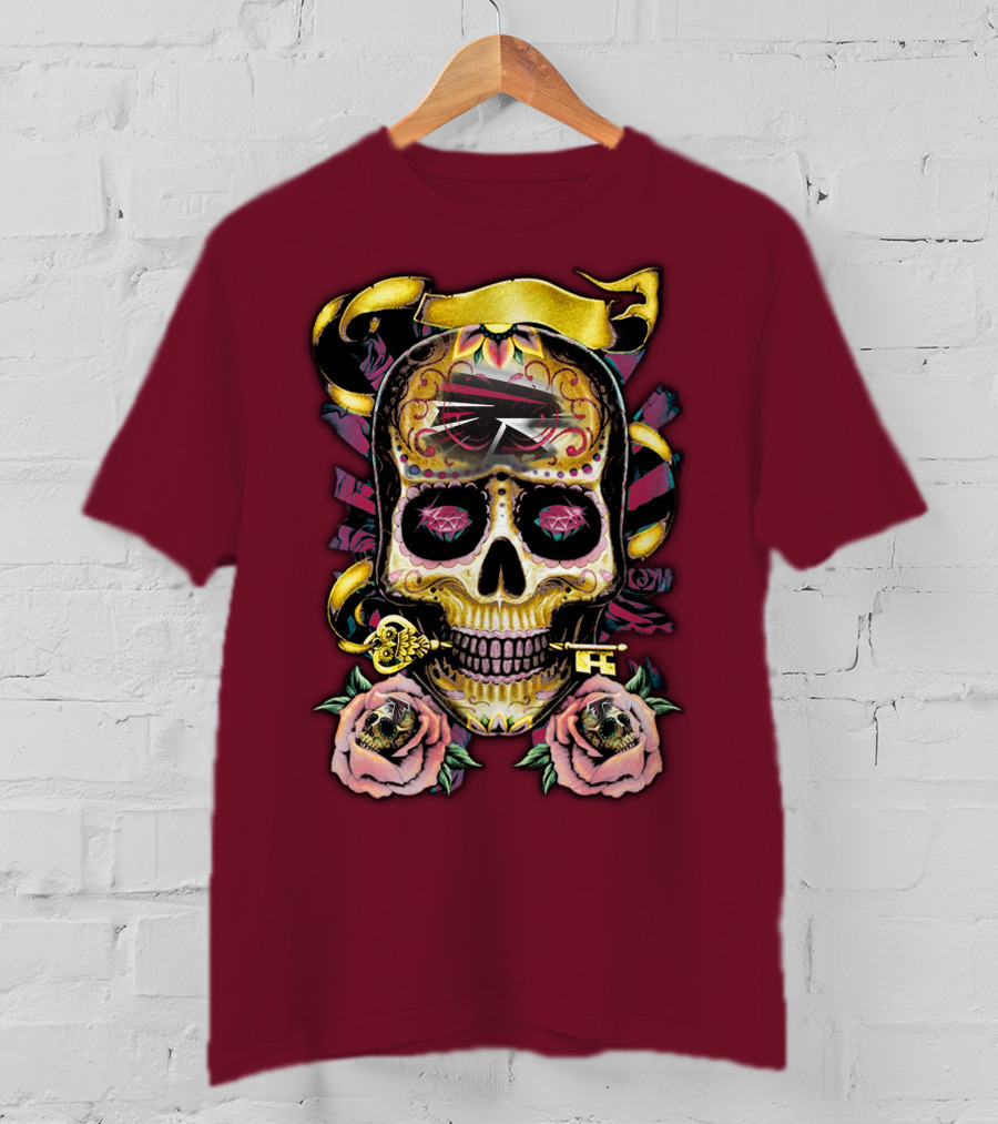 Atlanta Falcons Skull With Roses And Key T-Shirt