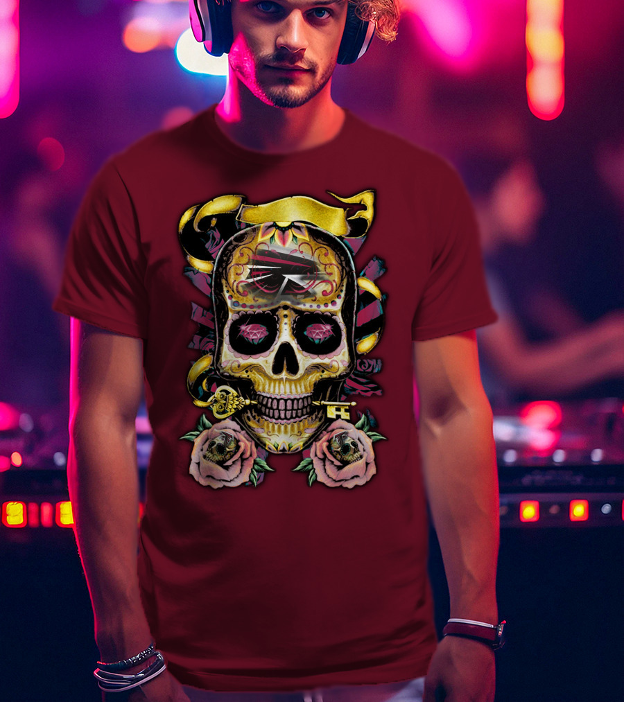Atlanta Falcons Skull With Roses And Key T-Shirt
