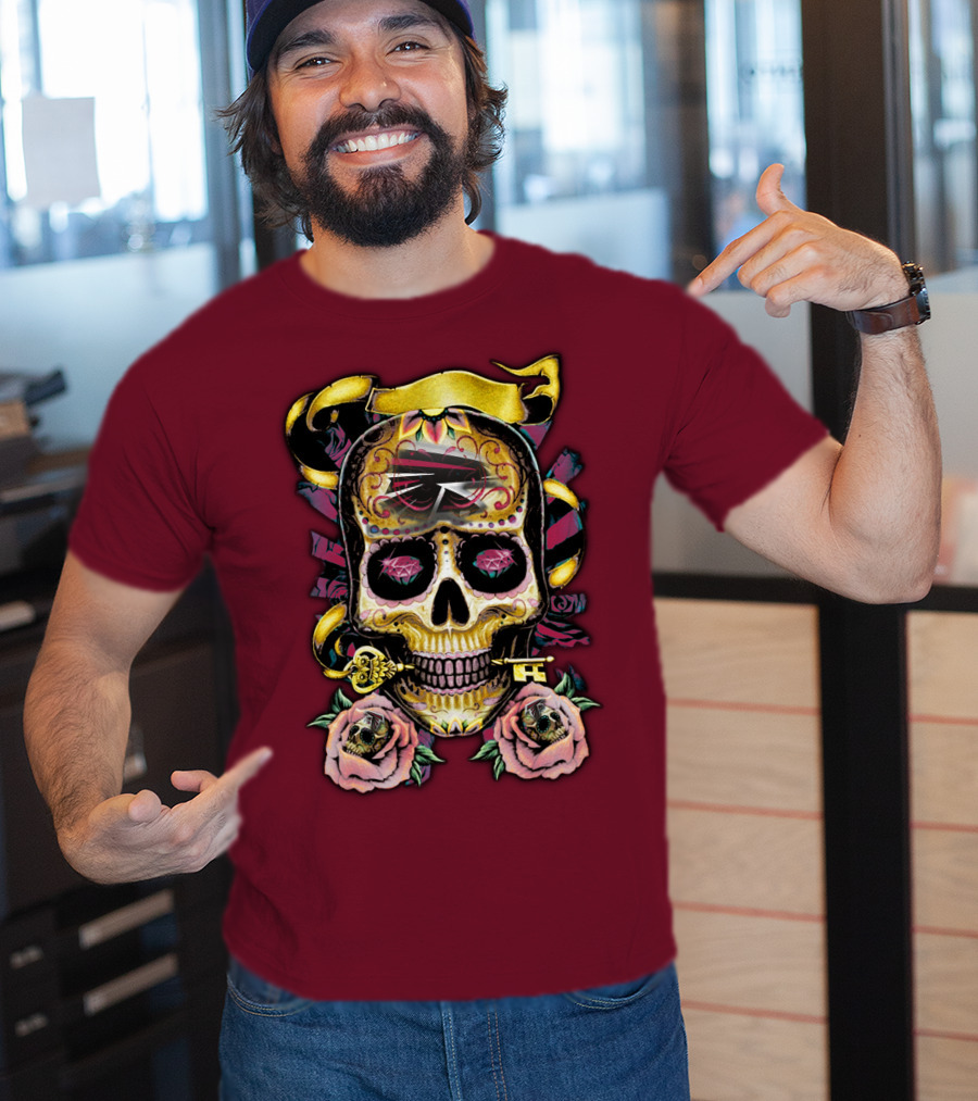 Atlanta Falcons Skull With Roses And Key T-Shirt