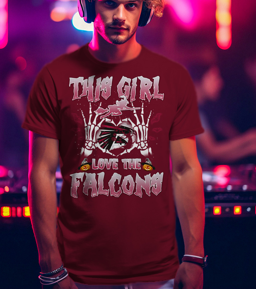 This Girl Love The Falcons Halloween Skeleton Hands Pumpkin T-Shirt