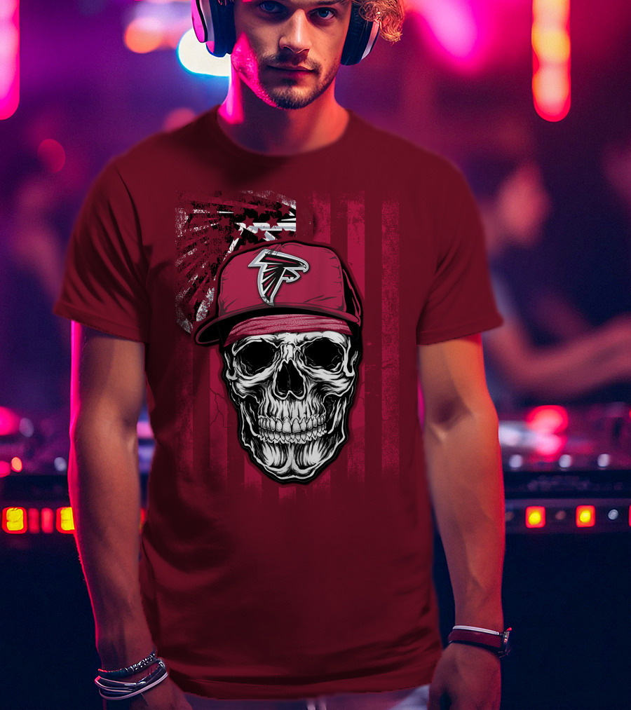 Skull V1 Atlanta Falcons Cap With Falcons Logo And Grunge Stripes T-Shirt