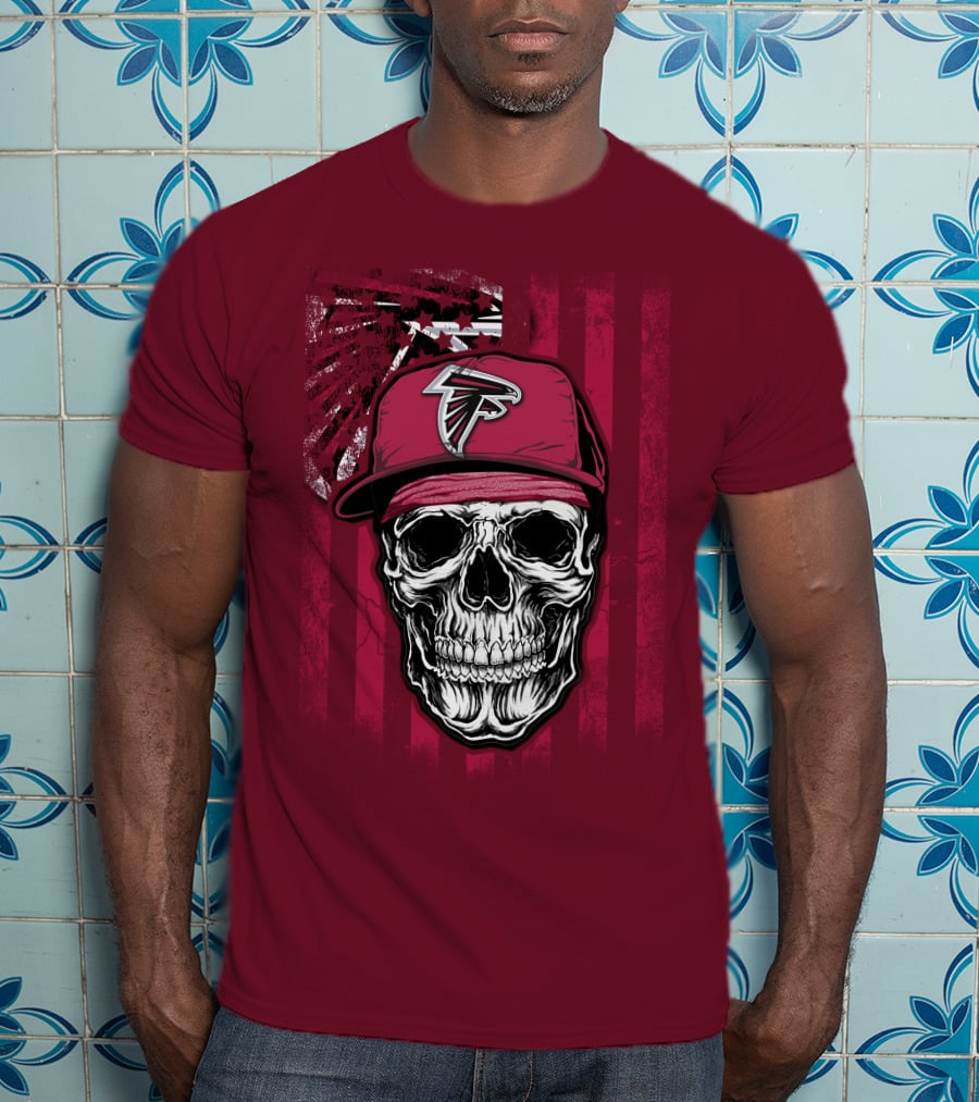 Skull V1 Atlanta Falcons Cap With Falcons Logo And Grunge Stripes T-Shirt