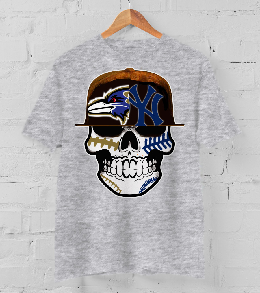 Baltimore Ravens New York Yankees Skull Hat T-Shirt