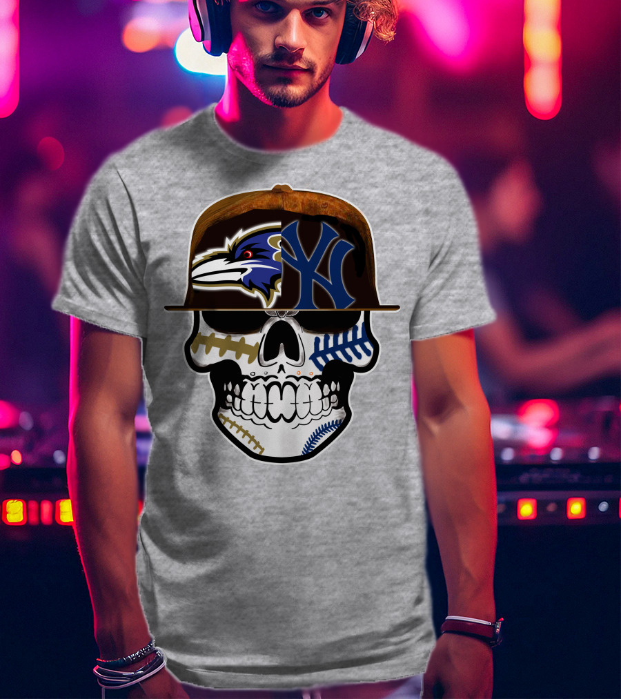 Baltimore Ravens New York Yankees Skull Hat T-Shirt