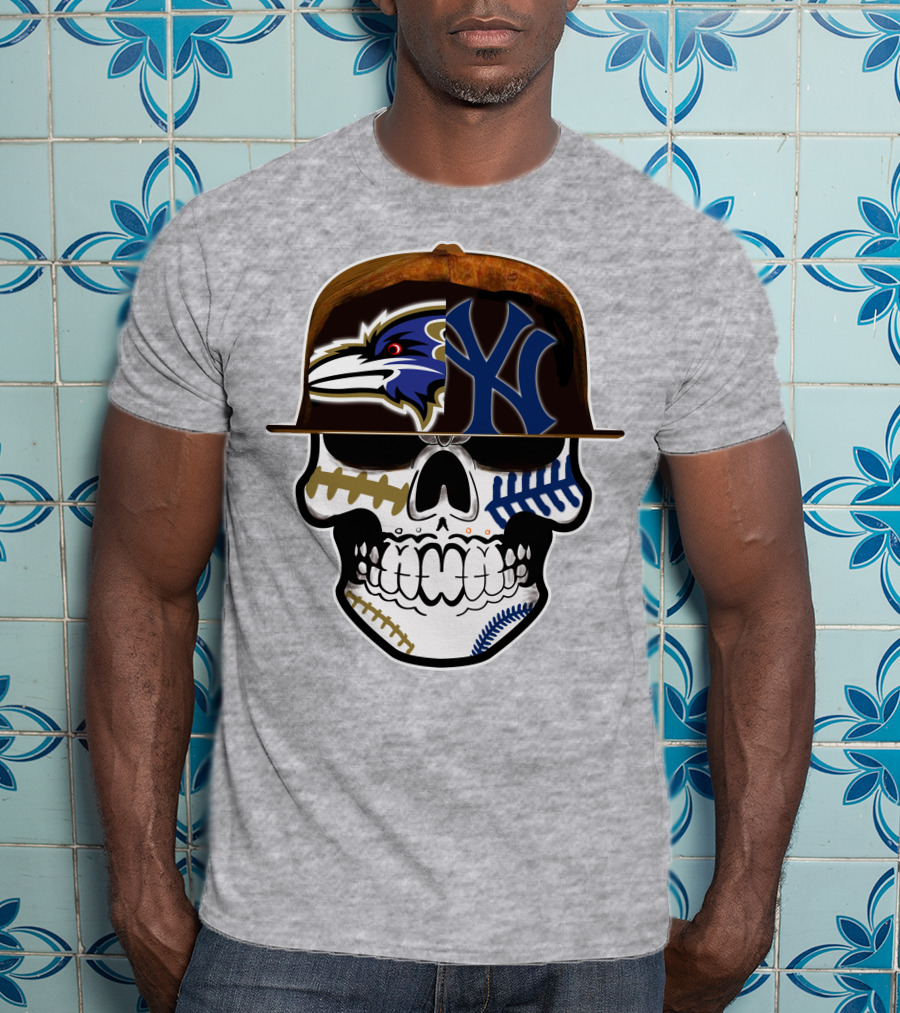 Baltimore Ravens New York Yankees Skull Hat T-Shirt