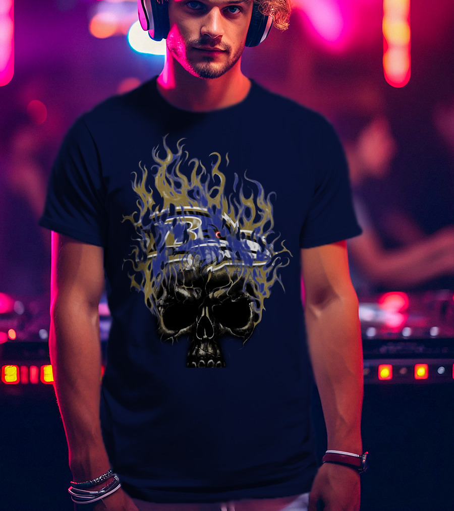 Baltimore Ravens Flaming Skull Logo T-Shirt