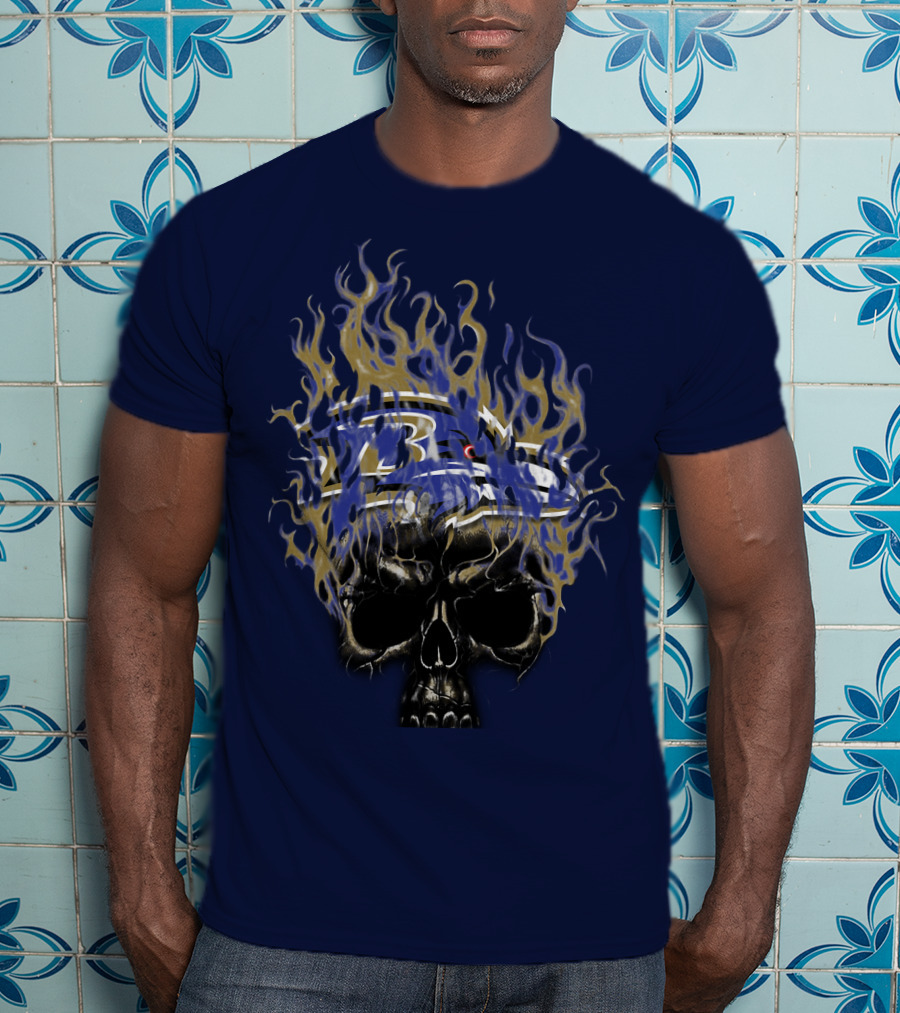 Baltimore Ravens Flaming Skull Logo T-Shirt