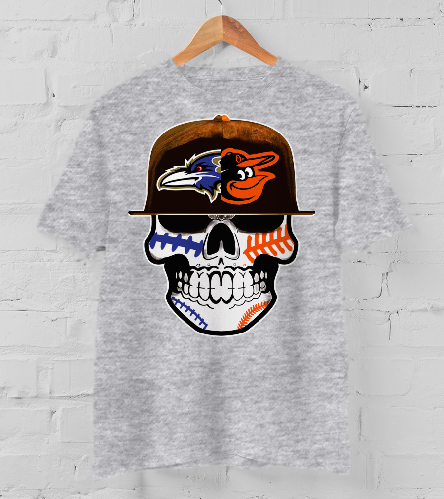 Baltimore Ravens Orioles Skull Baseball Crossover T-Shirt