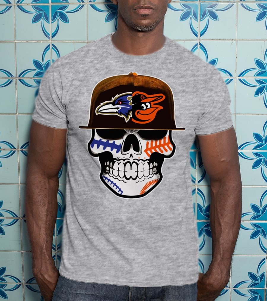 Baltimore Ravens Orioles Skull Baseball Crossover T-Shirt