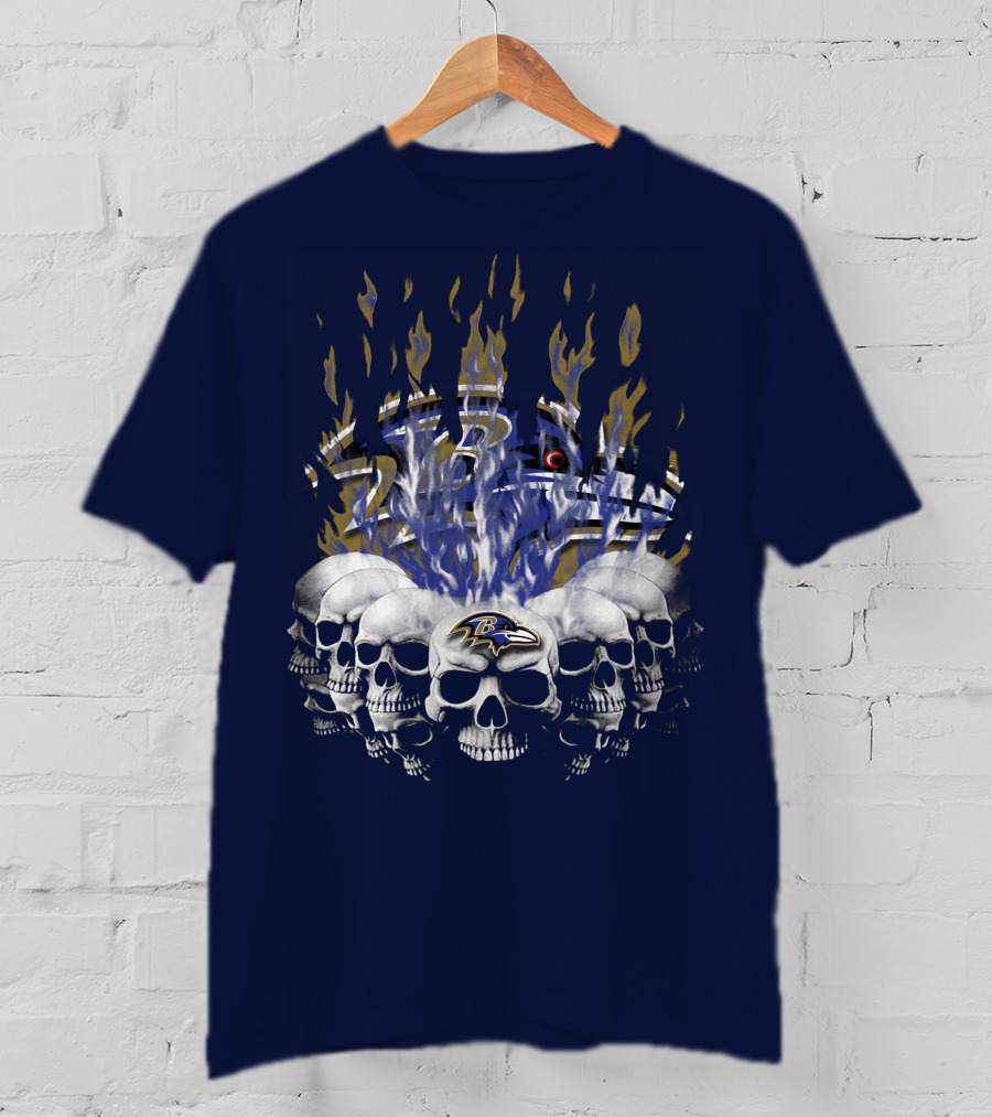 Baltimore Ravens Skull Flame Design With Team Logo T-Shirt
