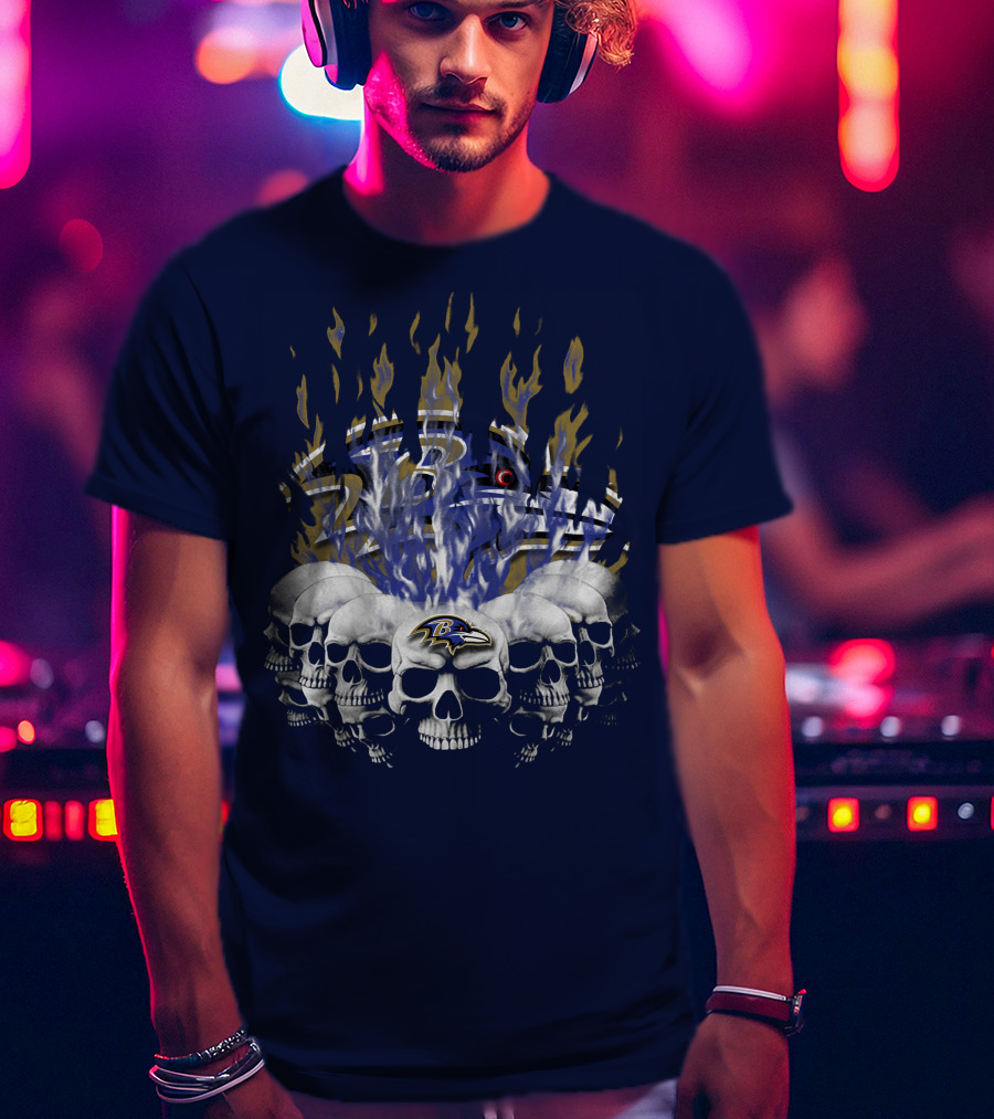 Baltimore Ravens Skull Flame Design With Team Logo T-Shirt