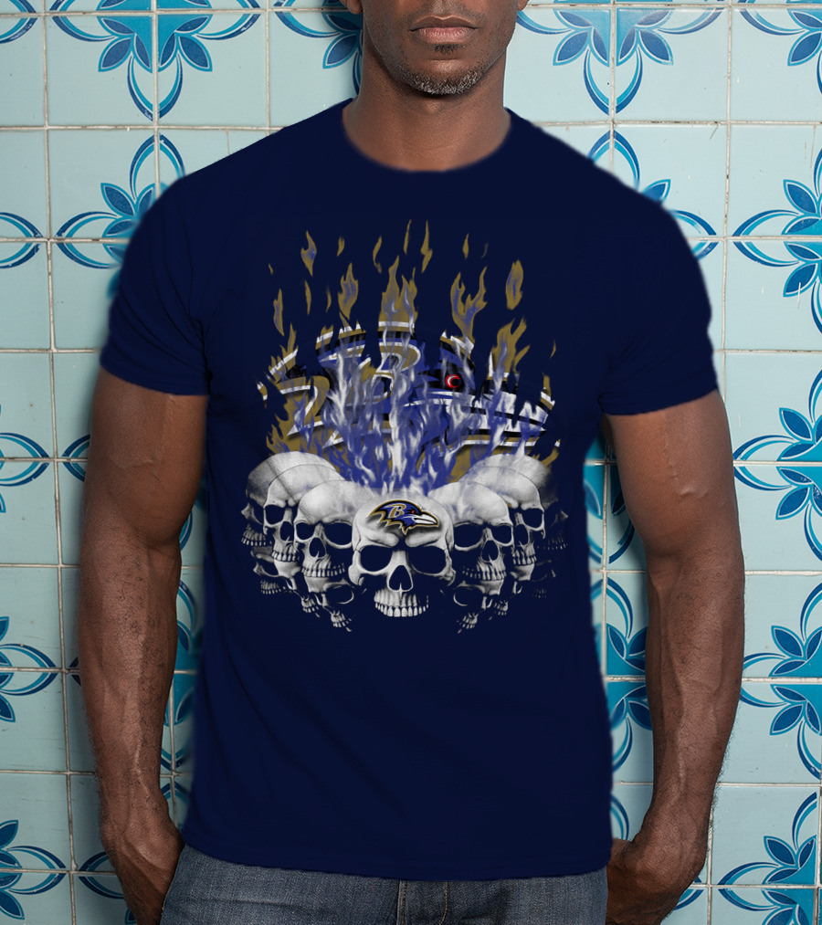 Baltimore Ravens Skull Flame Design With Team Logo T-Shirt