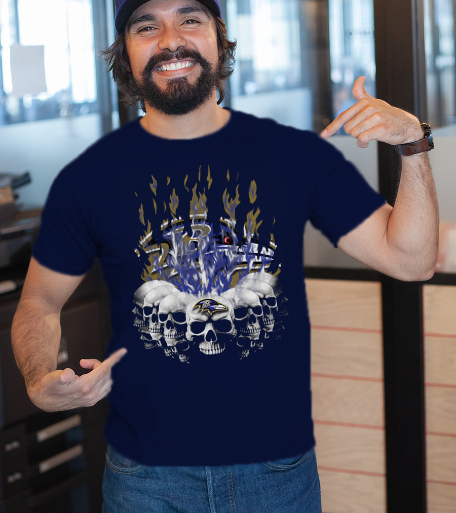 Baltimore Ravens Skull Flame Design With Team Logo T-Shirt