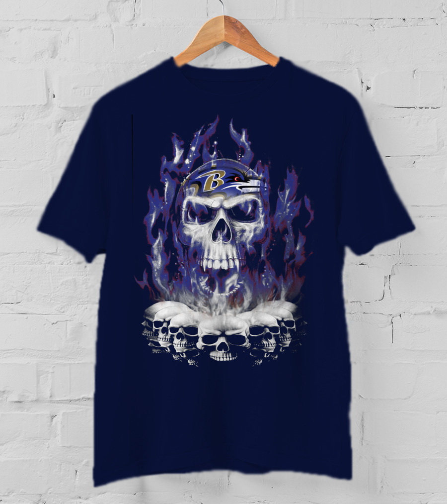 Baltimore Ravens 52 Skulls And Flames Football Helmet T-Shirt