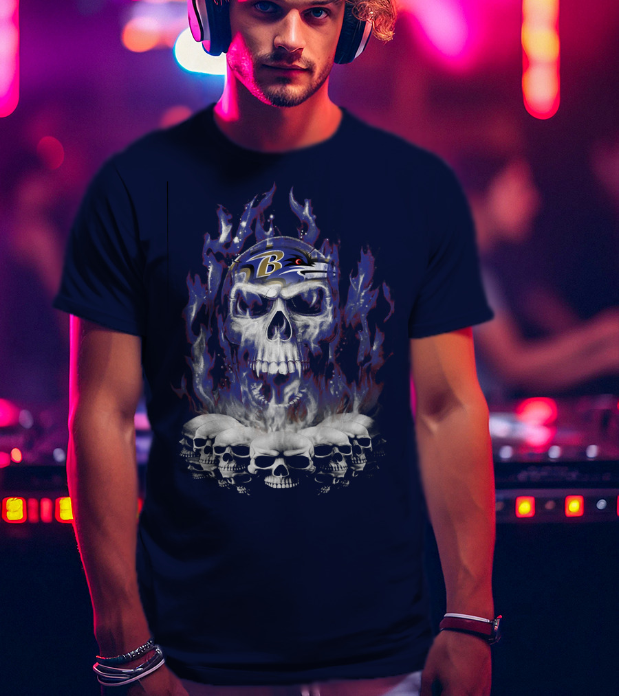 Baltimore Ravens 52 Skulls And Flames Football Helmet T-Shirt