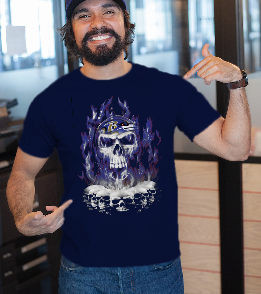 Baltimore Ravens 52 Skulls And Flames Football Helmet T-Shirt
