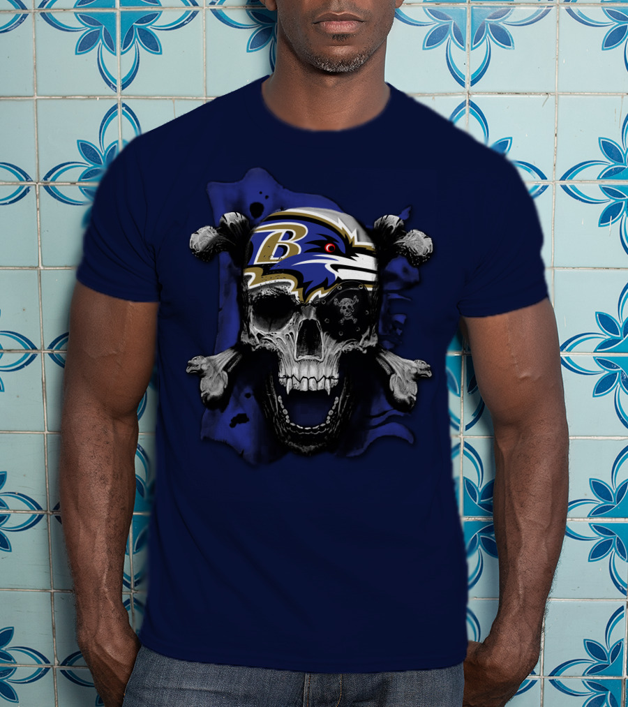 Baltimore Ravens Skull And Crossbones Logo Dark Theme T-Shirt