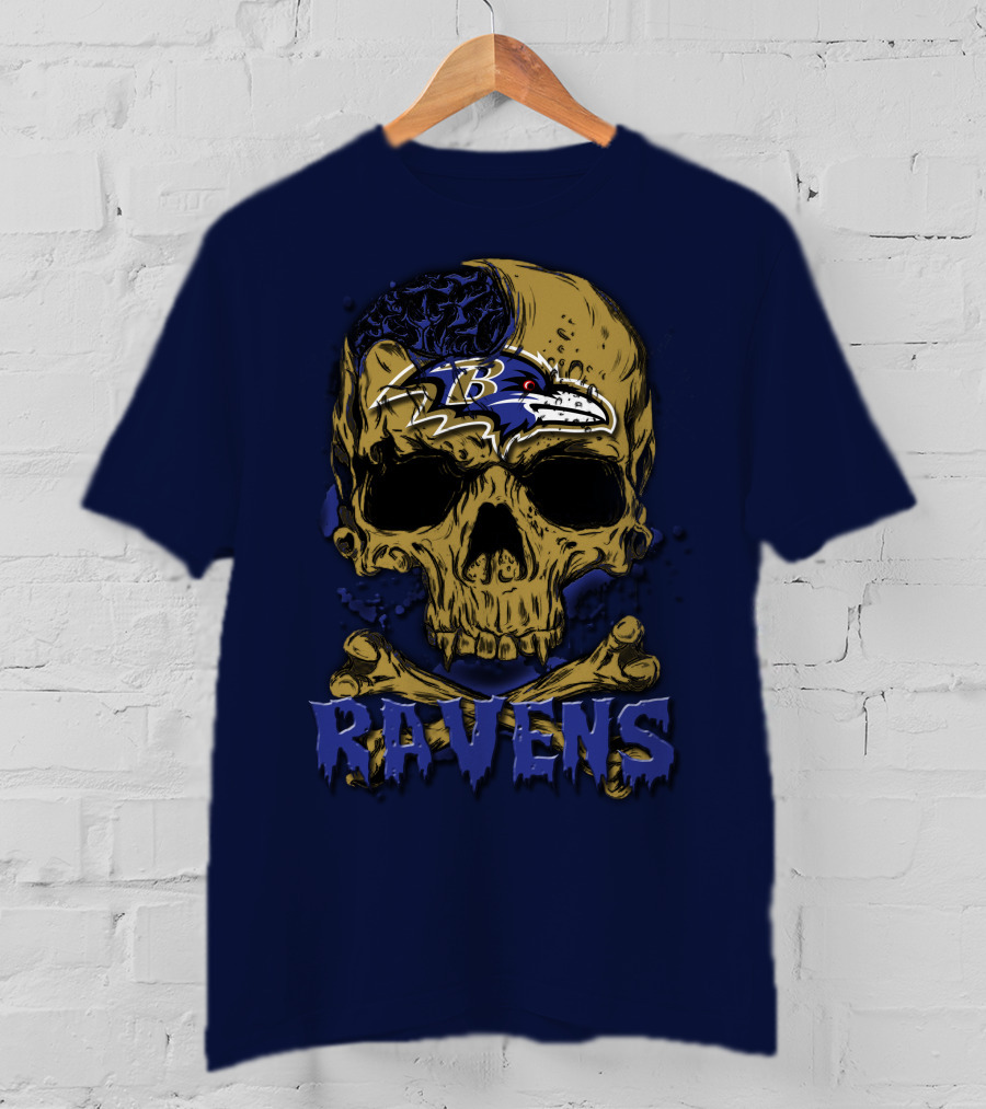 Baltimore Ravens Skull Artwork With Logo And Number T-Shirt