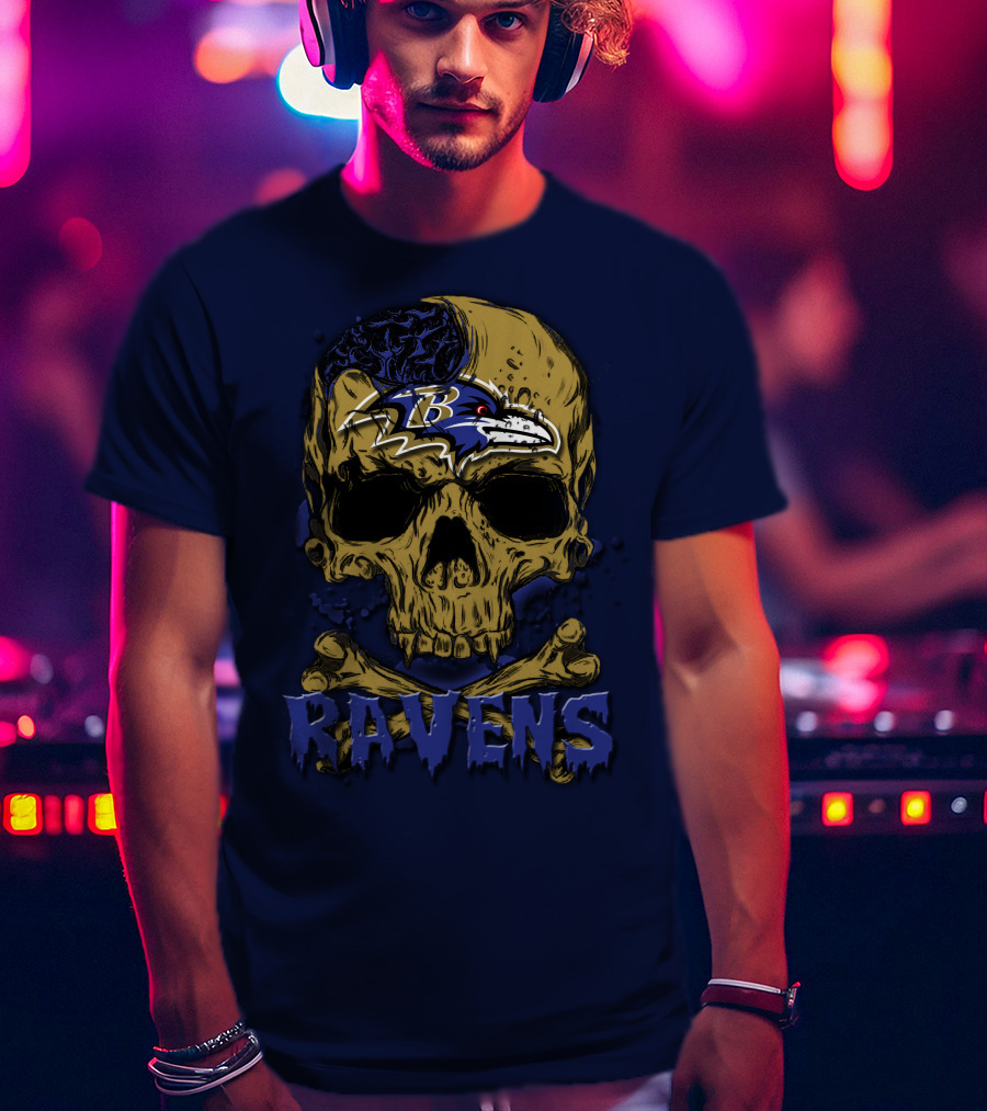 Baltimore Ravens Skull Artwork With Logo And Number T-Shirt