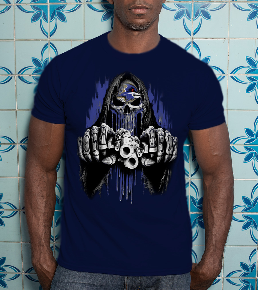 Baltimore Ravens Skull Reaper Gun Fists T-Shirt