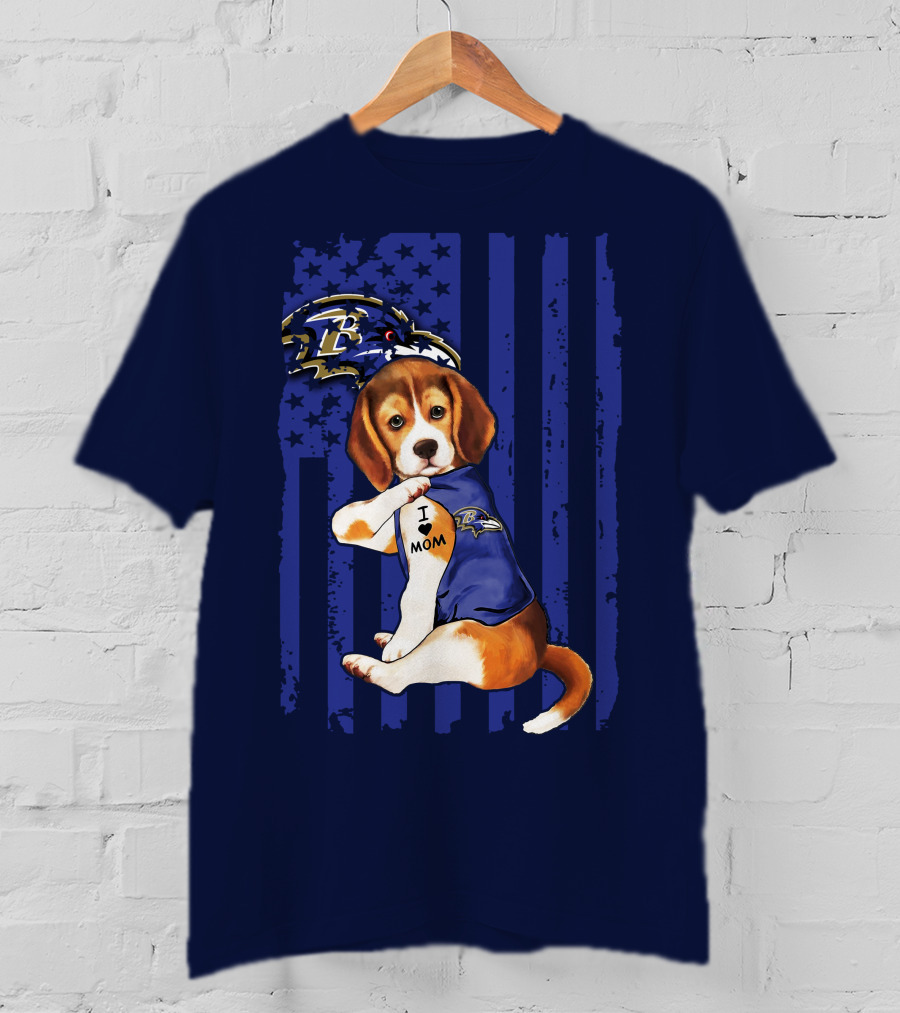 Beagle Puppy I Love Mom Baltimore Ravens Fan With Tattoo And Team Jersey T-Shirt