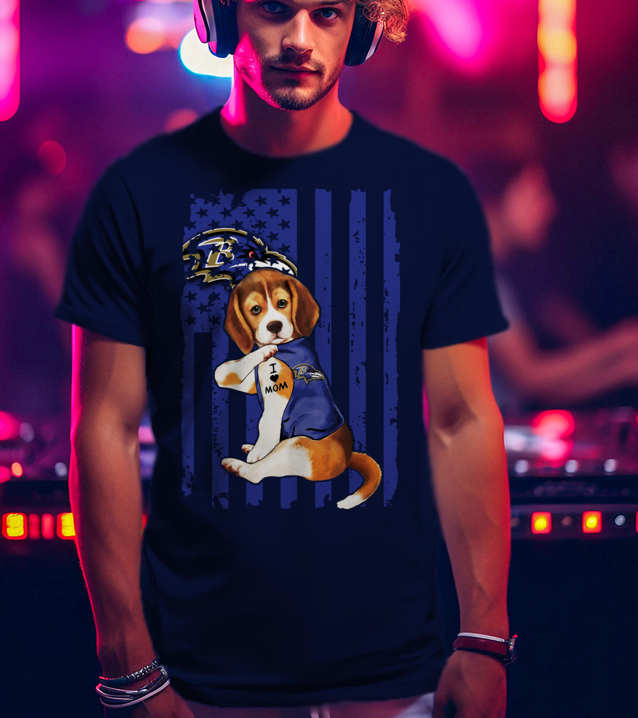 Beagle Puppy I Love Mom Baltimore Ravens Fan With Tattoo And Team Jersey T-Shirt