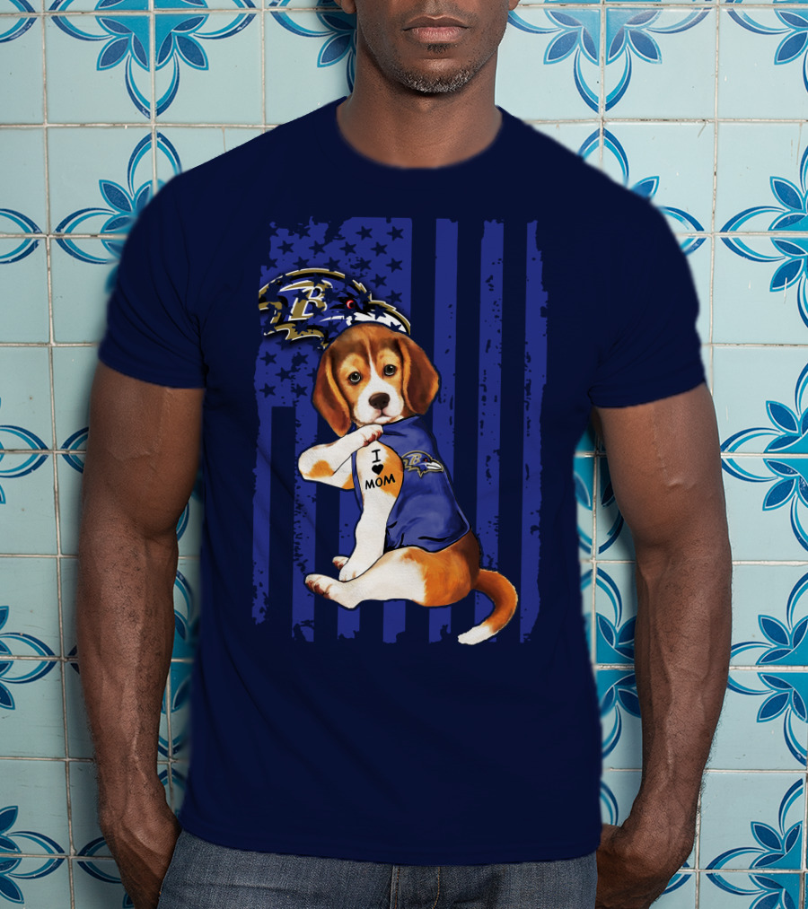 Beagle Puppy I Love Mom Baltimore Ravens Fan With Tattoo And Team Jersey T-Shirt