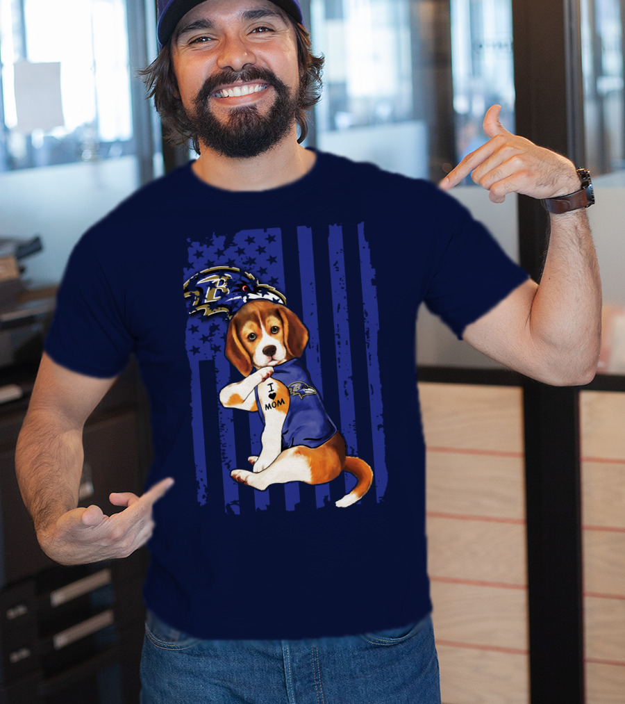 Beagle Puppy I Love Mom Baltimore Ravens Fan With Tattoo And Team Jersey T-Shirt