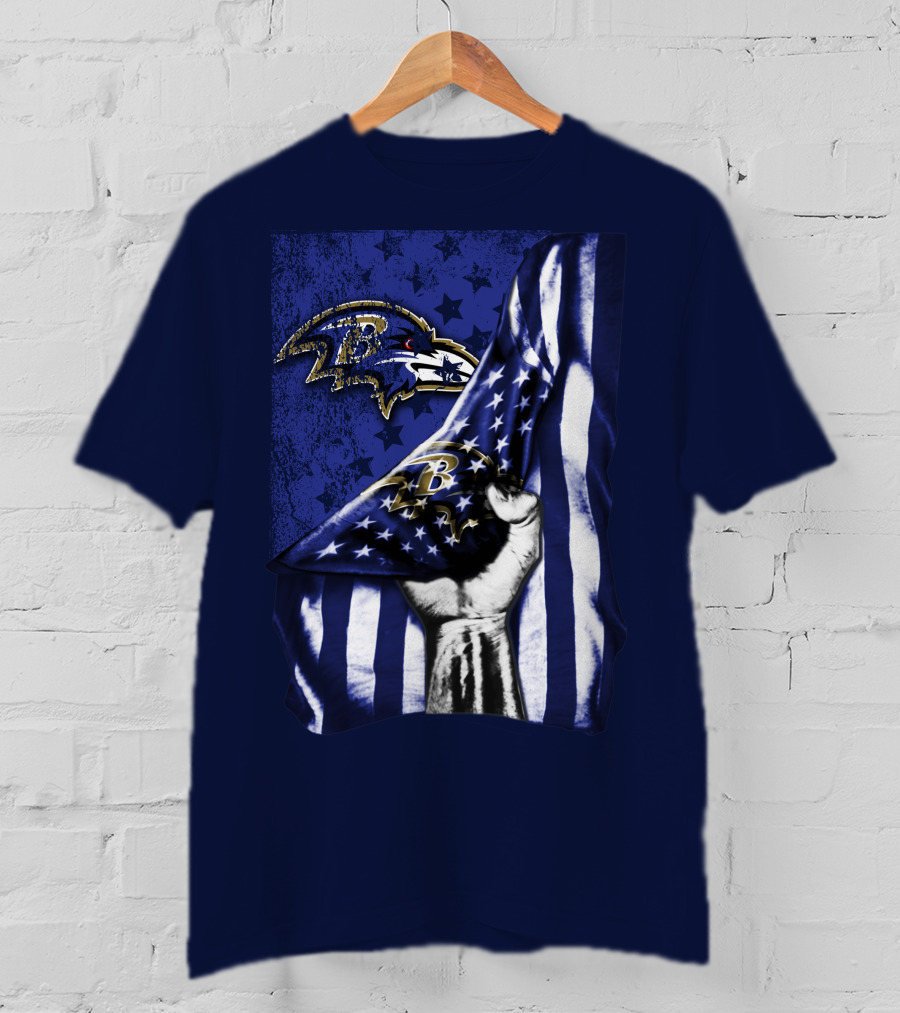 Fist Holding American Flag With Baltimore Ravens Logo And Stars T-Shirt