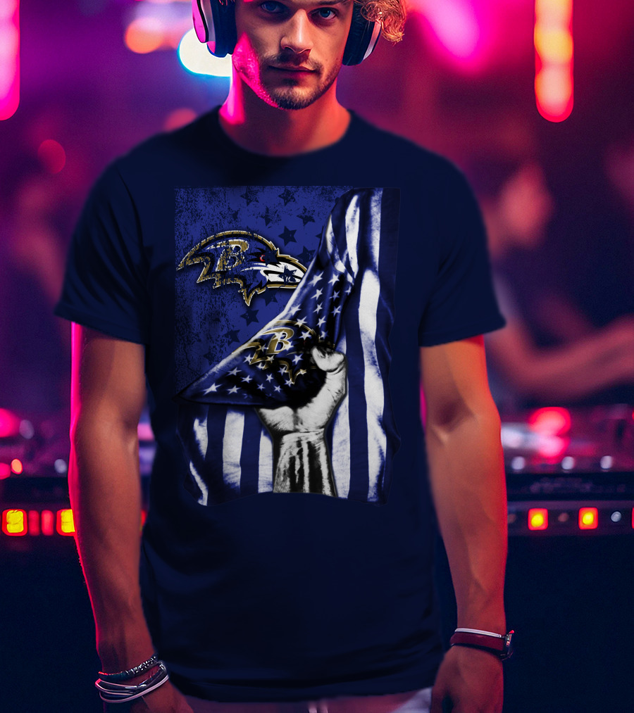 Fist Holding American Flag With Baltimore Ravens Logo And Stars T-Shirt