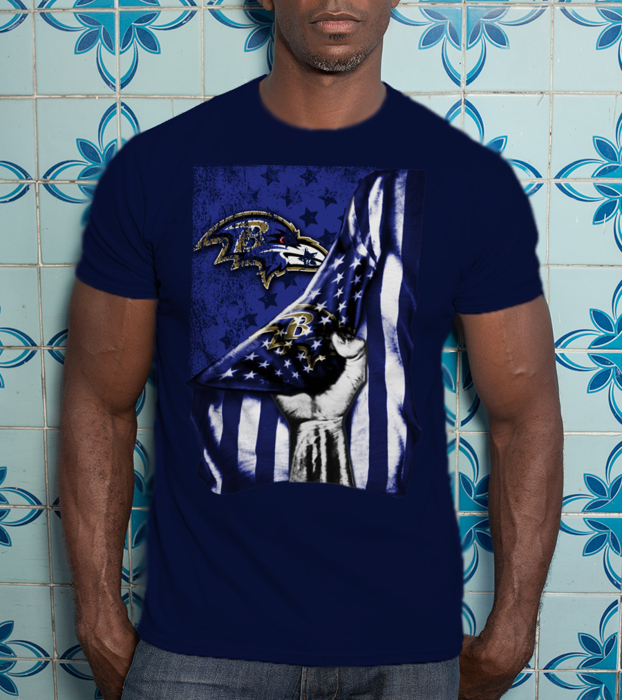 Fist Holding American Flag With Baltimore Ravens Logo And Stars T-Shirt