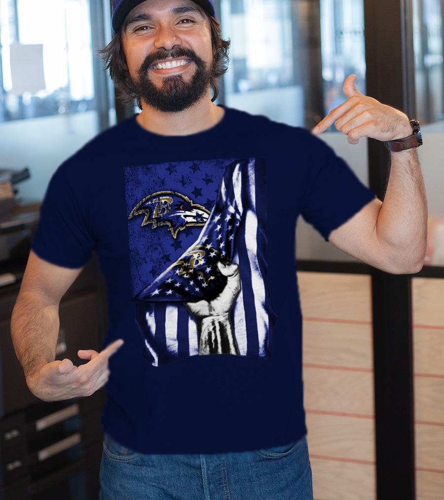 Fist Holding American Flag With Baltimore Ravens Logo And Stars T-Shirt