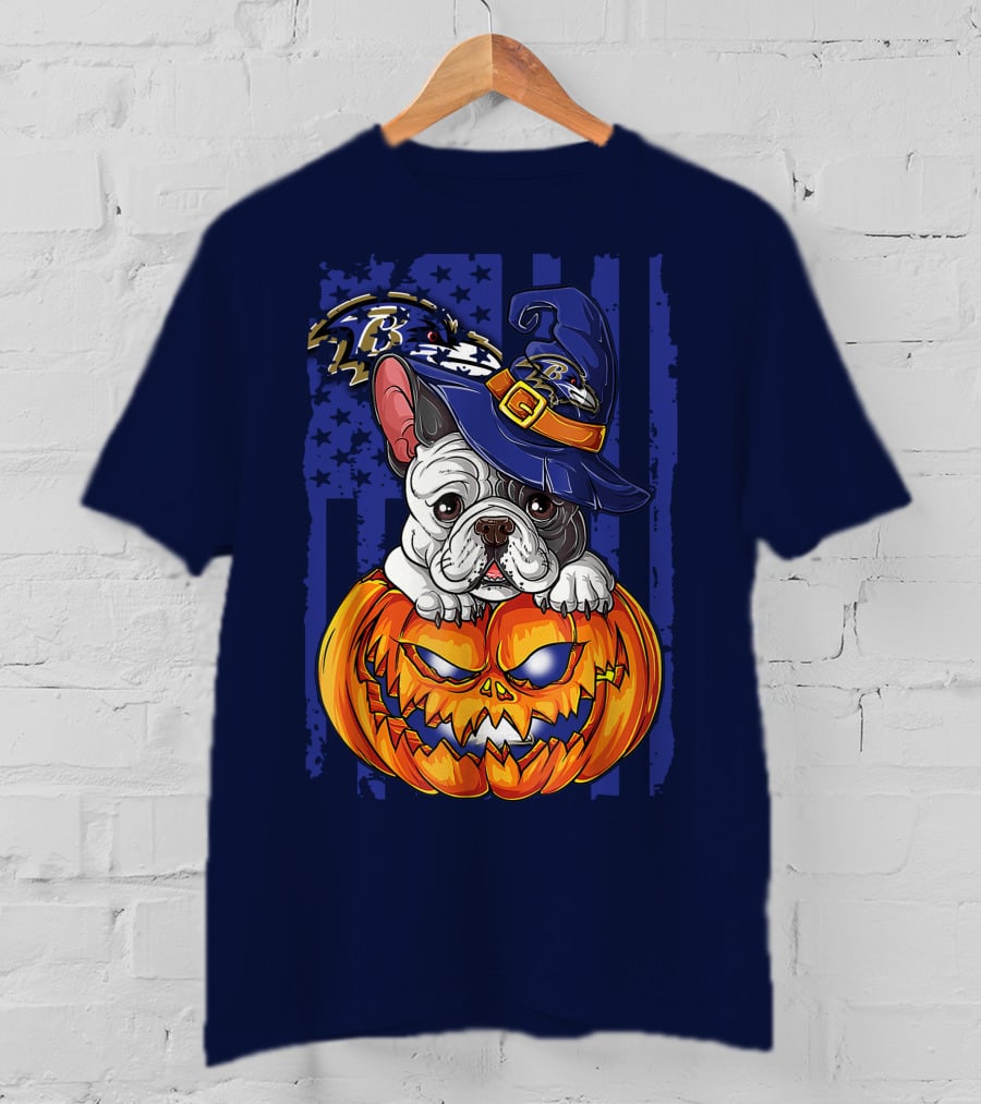 Bulldog In Wizard Hat On Jack-o'-Lantern With Baltimore Ravens T-Shirt
